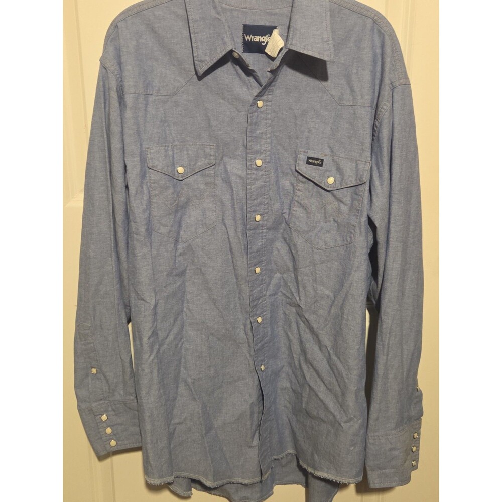 Wrangler Mens Large Blue Chambray Western Shirt Pearl Snap Cowboy Long Sleeve L